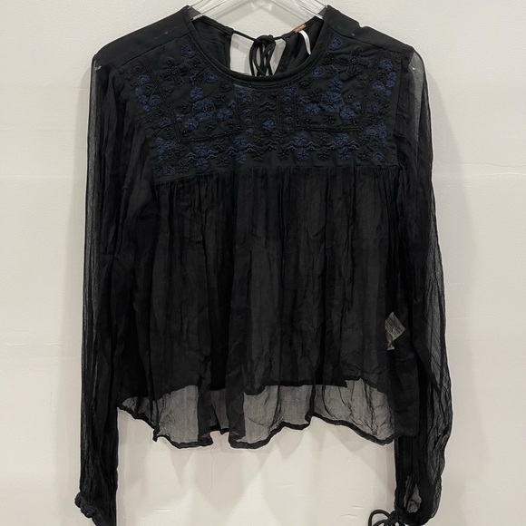 Free People Retro Femme Blouse Embroidered Beaded Black XS Sheer - Picture 7 of 14